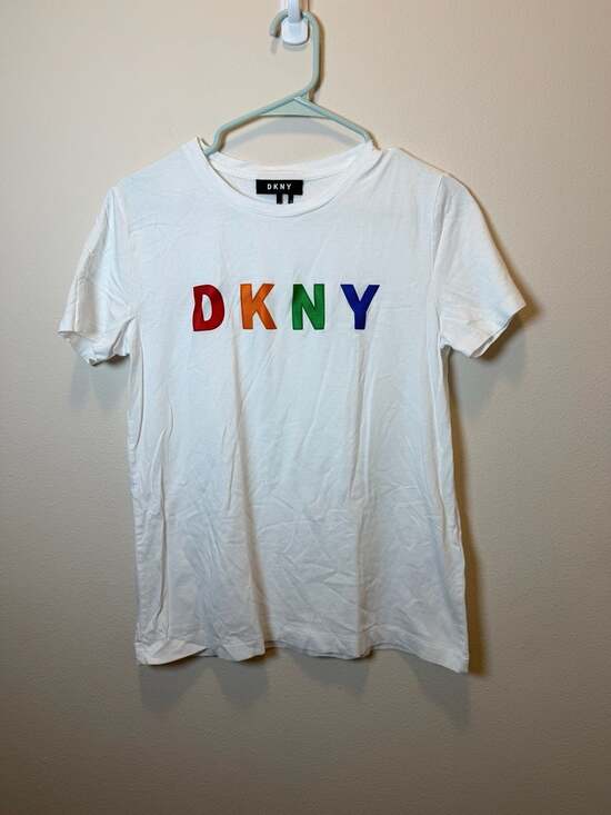 DKNY Tops - DKNY Women's White Short Sleeve T-Shirt with Rainbow Logo Size S
